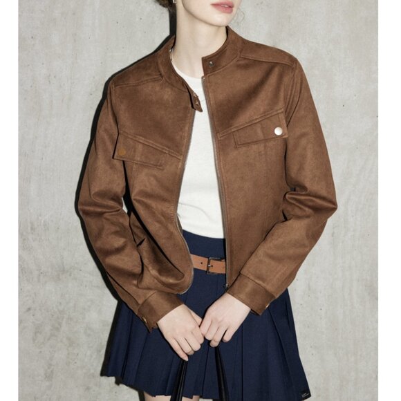 Brown Preppy Faux Suede Short Jacket - Picture 2 of 11
